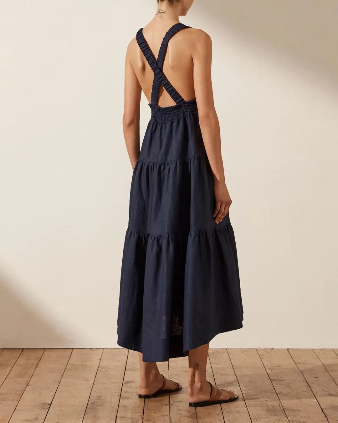 Shona Joy Ligia Plunged Cross Back Midi Dress Navy Size 14 for rent on The Volte - main image