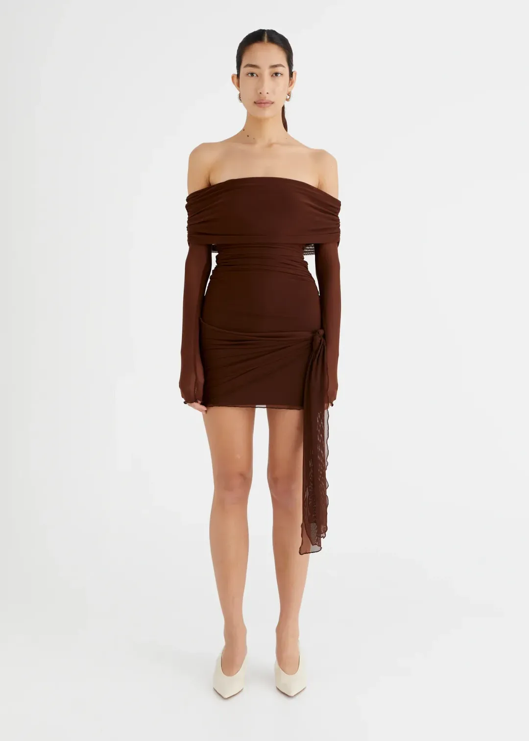 Benni Yasmin Off Shoulder Mini Dress Brown Size 10  for rent on The Volte - main image