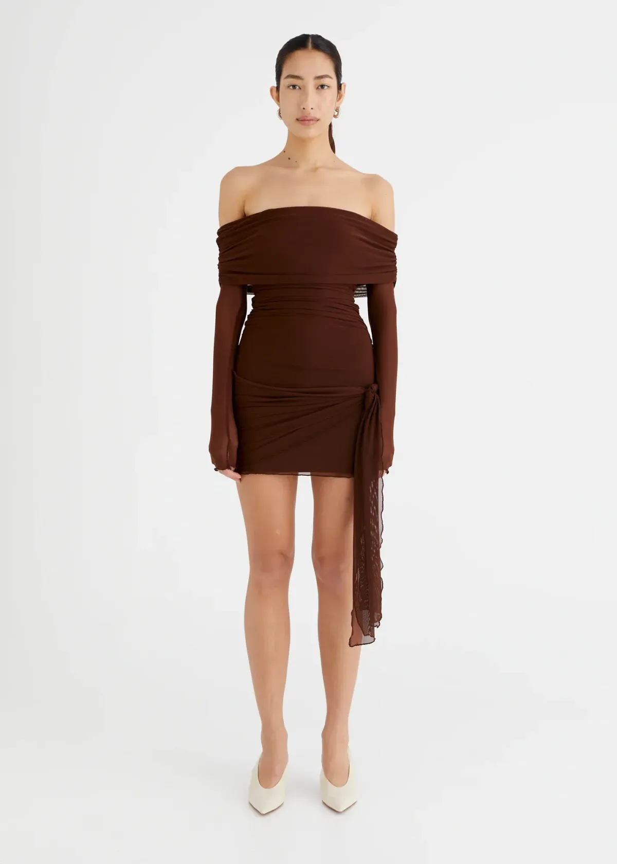Benni Yasmin Off Shoulder Mini Dress Brown Size 10  for rent on The Volte - main image