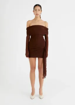Benni Yasmin Off Shoulder Mini Dress Brown Size 10  for rent on The Volte - image 1