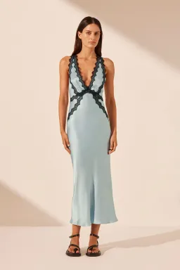 Shona Joy Camille Lace Cross Back Midi Dress Cool Blue/Black Size 12 for rent on The Volte - image 1