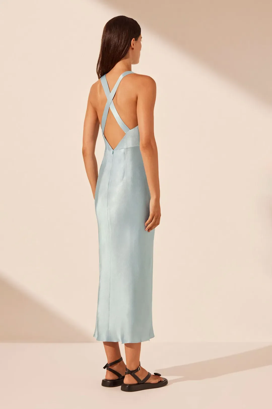 Shona Joy Camille Lace Cross Back Midi Dress Cool Blue/Black Size 12 for rent on The Volte - main image