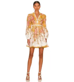 Zimmermann The Pattie Plunge Mini Dress in Mustard Floral Size 0P / AU 6  for rent on The Volte - image 1