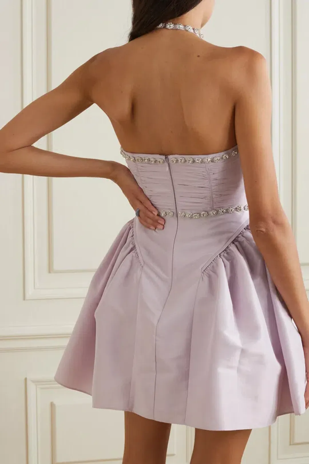 Self Portrait Crystal Embellished Ruched Taffeta Mini Dress Lilac Size 6 for rent on The Volte - main image
