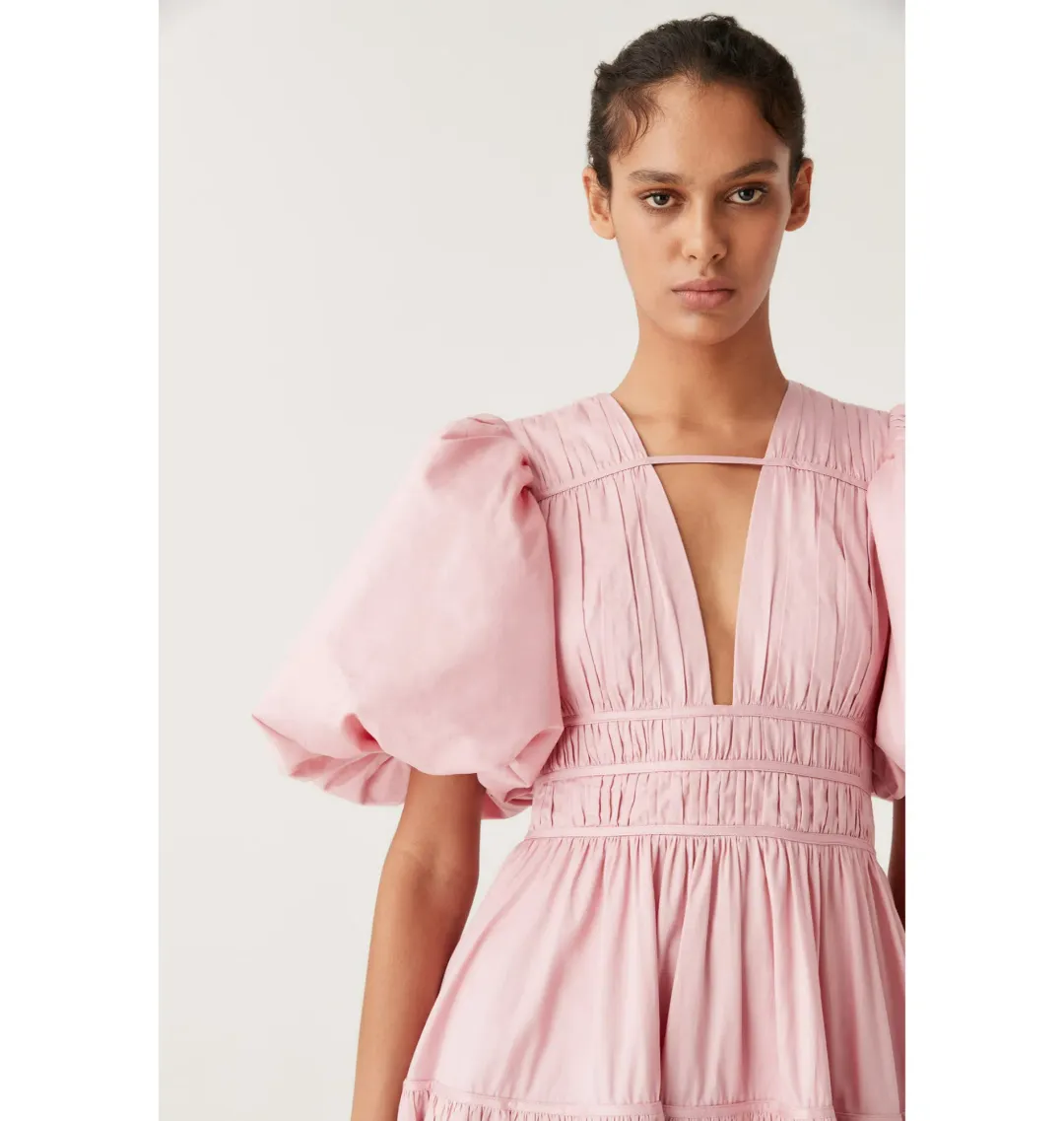Aje Fallingwater Gathered Midi Dress Chalk Pink Size AU 6  for rent on The Volte - main image