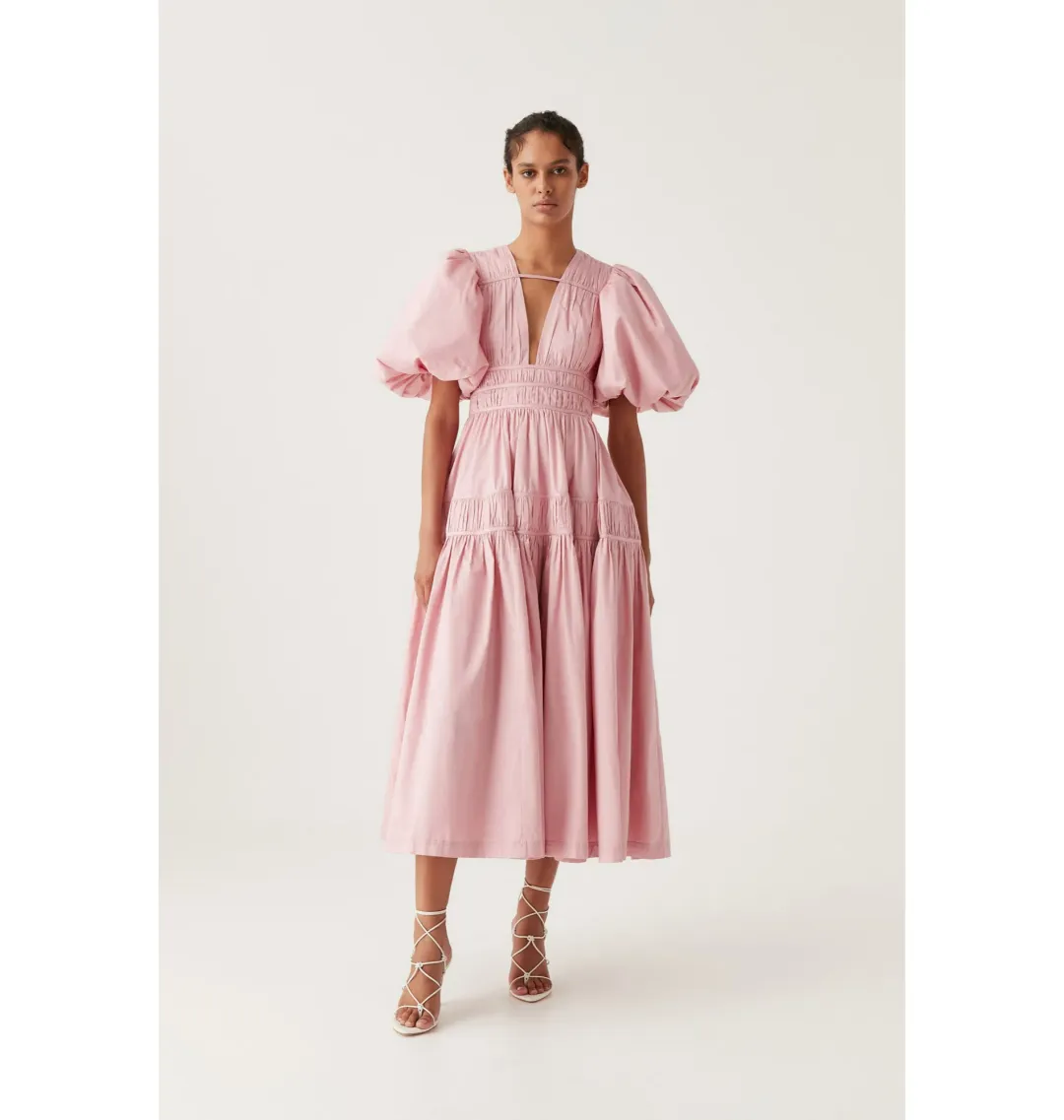 Aje Fallingwater Gathered Midi Dress Chalk Pink Size AU 6  for rent on The Volte - main image