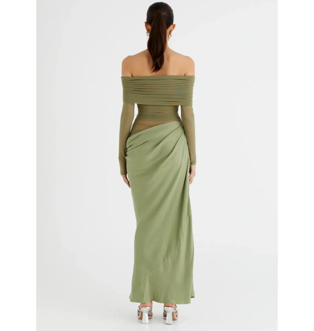 Benni Yasmin Off Shoulder Maxi Dress Pistachio Green Size AU 8  for rent on The Volte - main image