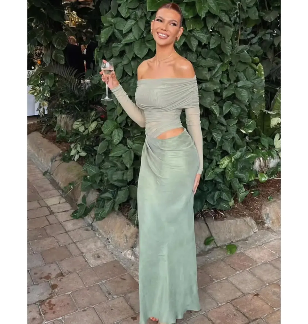 Benni Yasmin Off Shoulder Maxi Dress Pistachio Green Size AU 8  for rent on The Volte - main image