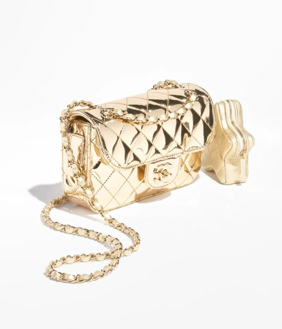 Chanel Gold Metallic Mirror Leather Mini Flap Bag with Star Coin Purse for rent on The Volte - main image