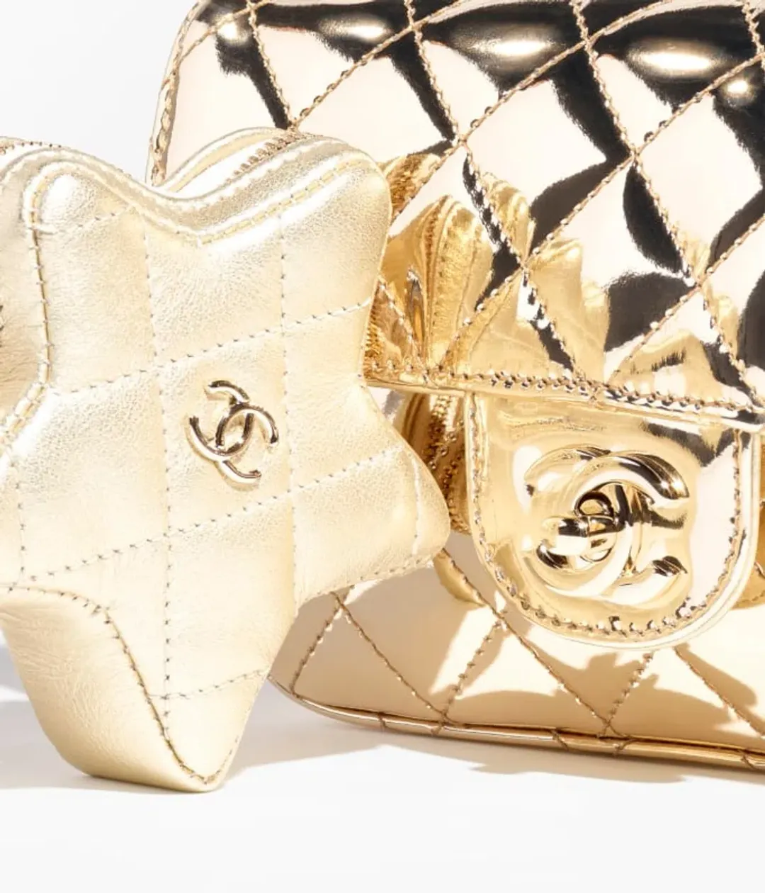 Chanel Gold Metallic Mirror Leather Mini Flap Bag with Star Coin Purse for rent on The Volte - main image