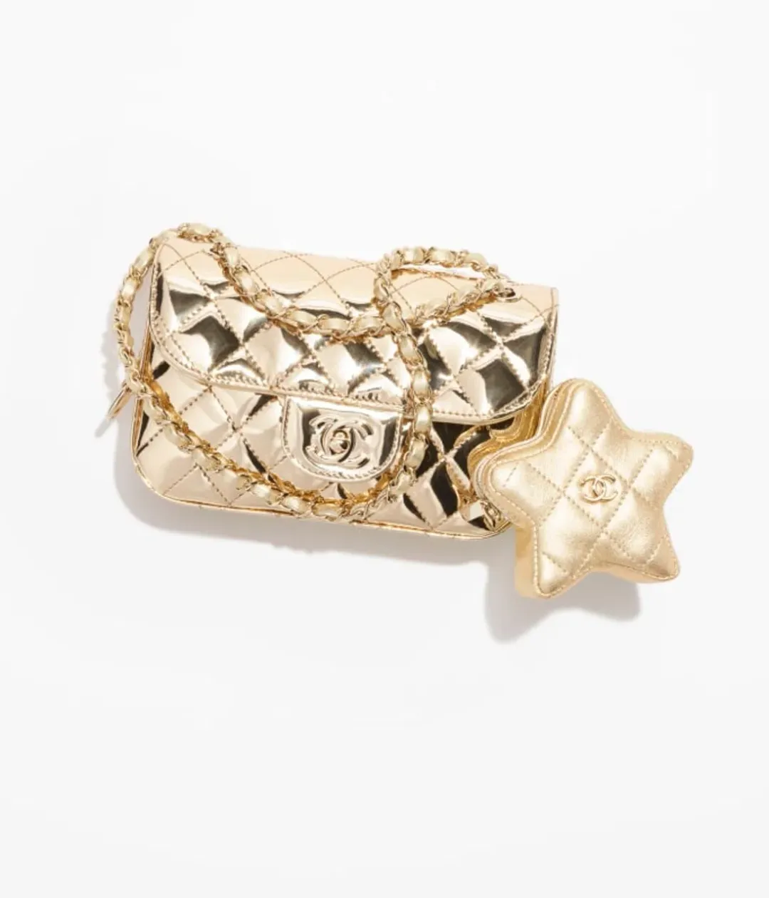 Chanel Gold Metallic Mirror Leather Mini Flap Bag with Star Coin Purse for rent on The Volte - main image