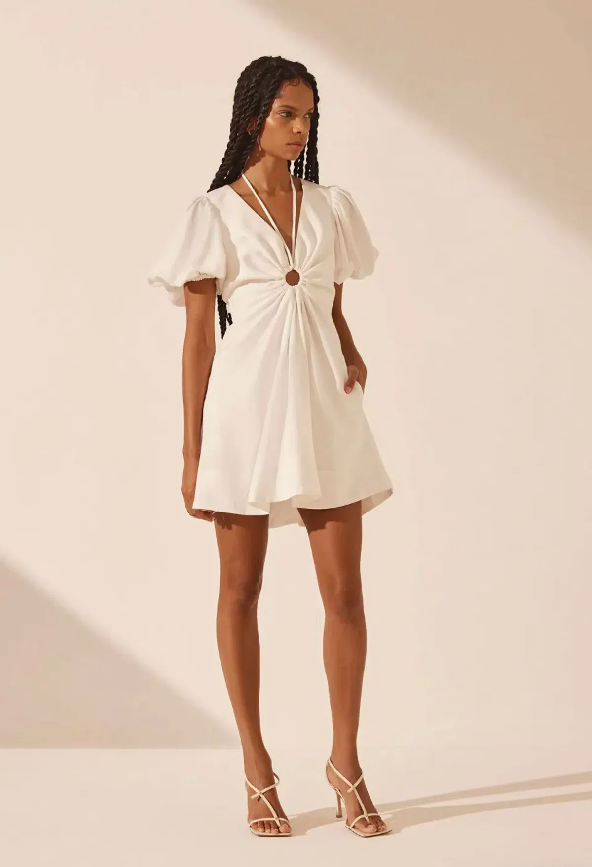 Shona joy White Linen Ruched Keyhole Mini Dress Size 6 for rent on The Volte - main image