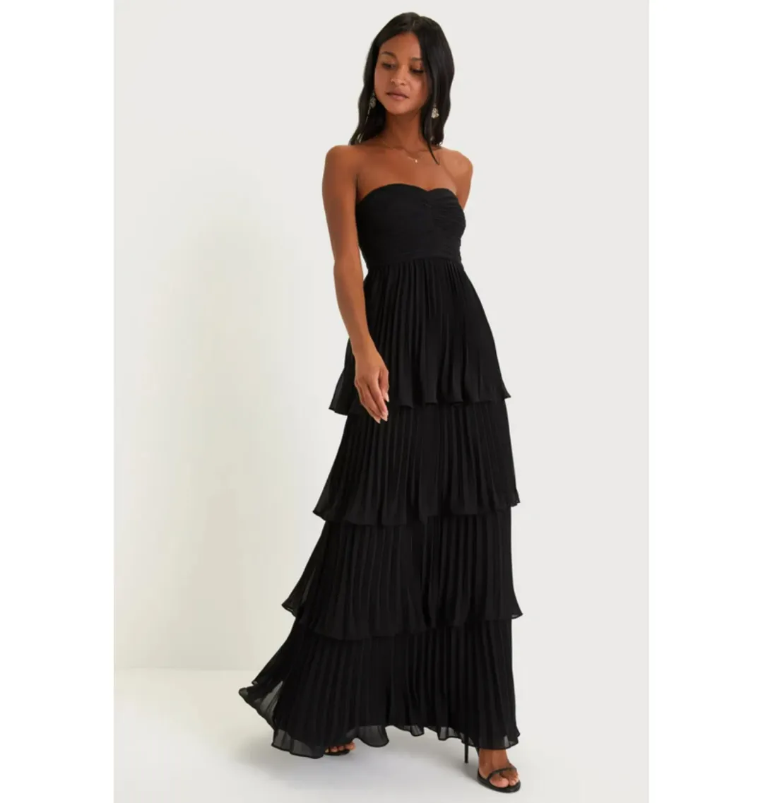 Lulus Seriously Sensational Strapless Tiered Maxi Dress Black Size AU 6 for rent on The Volte - main image