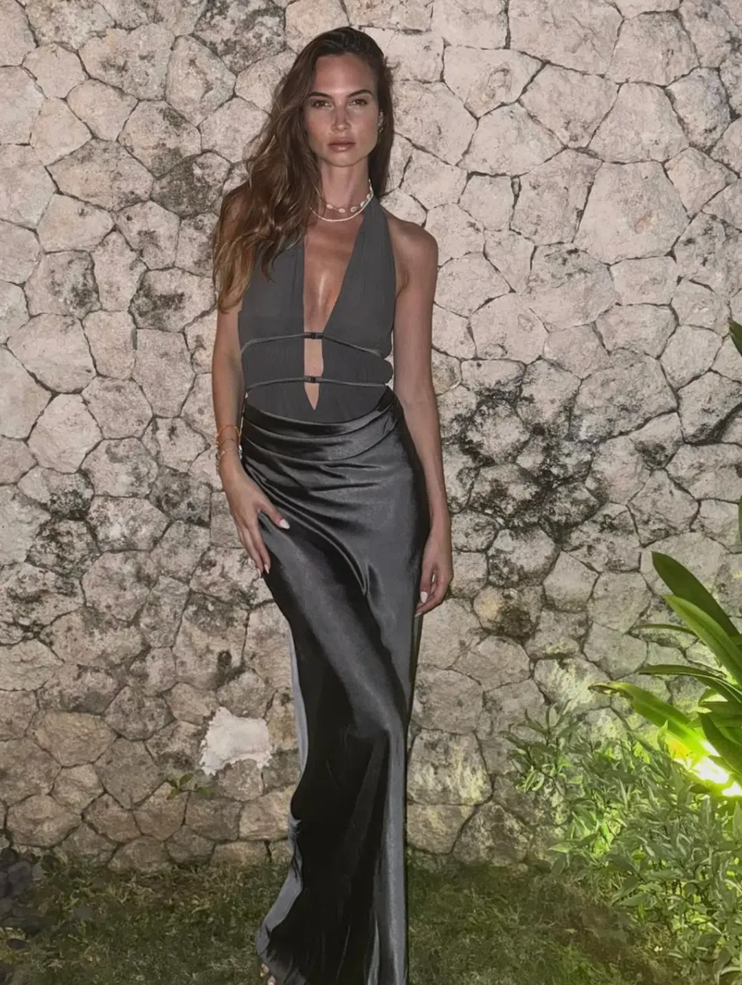 Misha Celine Satin Maxi Dress Pewter Size 10 for rent on The Volte - main image