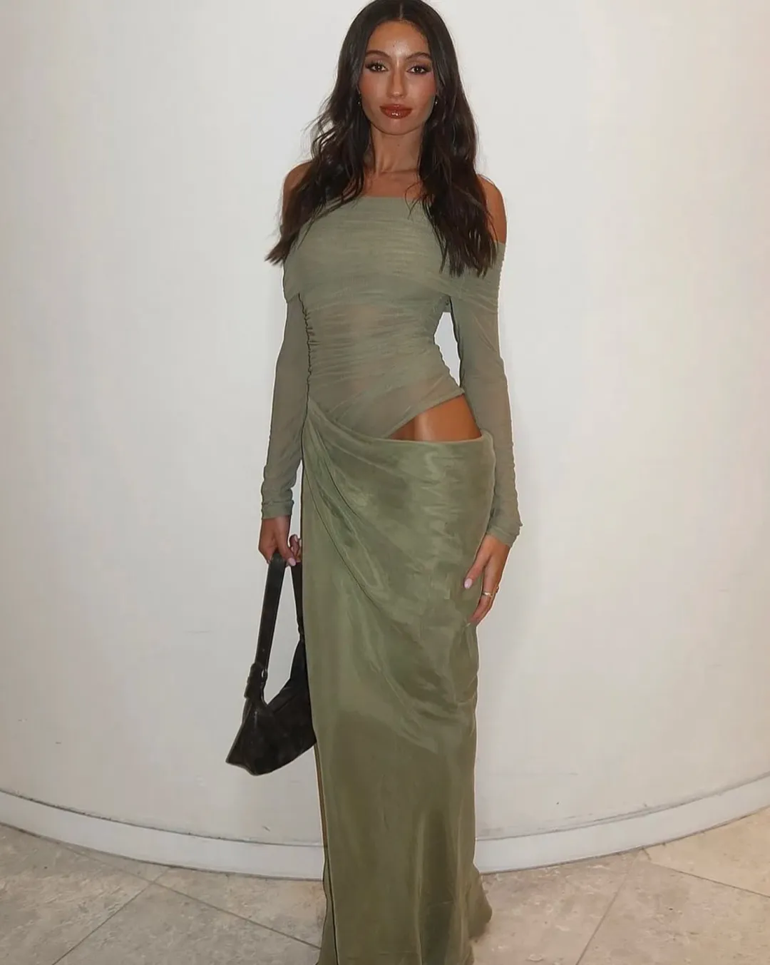 Benni Yasmin Off Shoulder Maxi Dress Pistachio Green Size 6 for rent on The Volte - main image