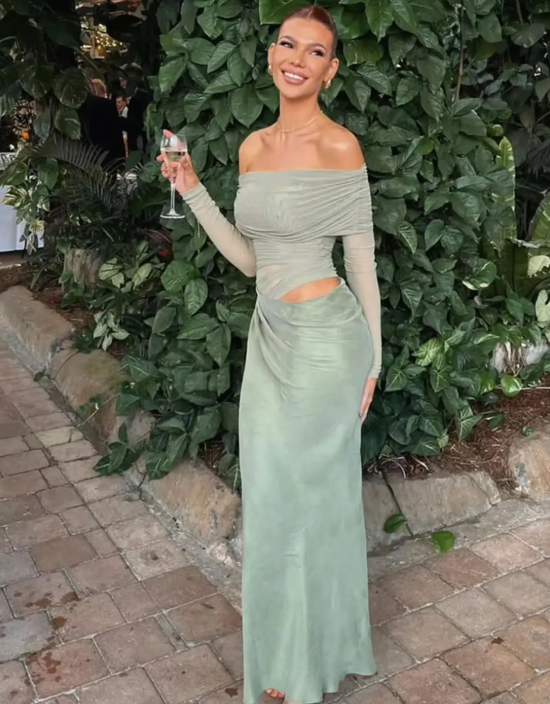 Benni Yasmin Off Shoulder Maxi Dress Pistachio Green Size 6 for rent on The Volte - main image