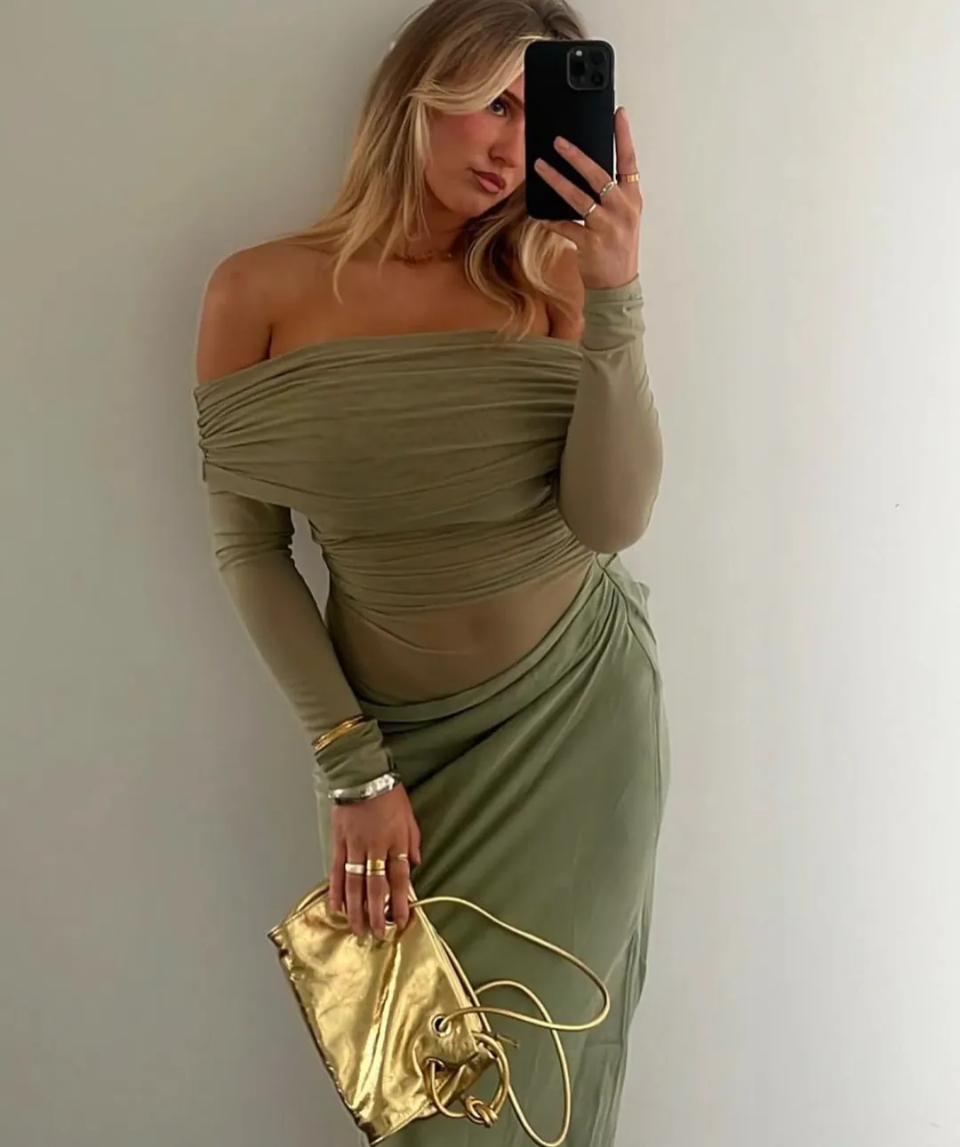 Benni Yasmin Off Shoulder Maxi Dress Pistachio Green Size 6 for rent on The Volte - main image