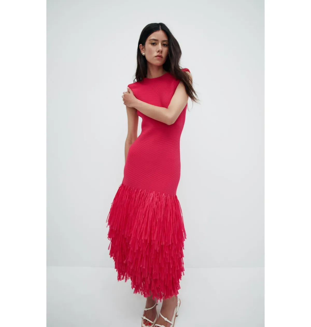 Aje Rushes Raffia Knit Midi Dress Deep Fuschia Size XS / AU 8  for rent on The Volte - main image