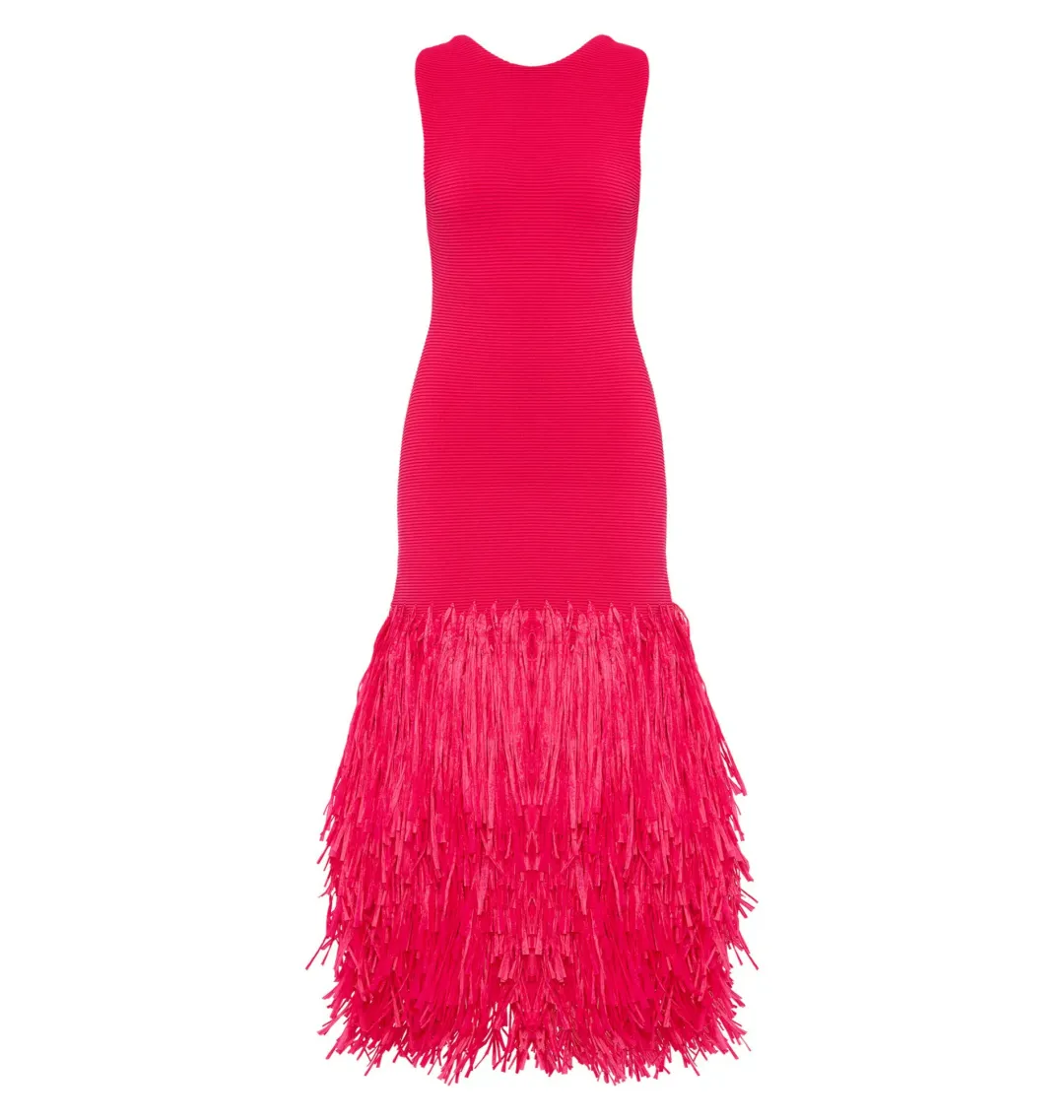 Aje Rushes Raffia Knit Midi Dress Deep Fuschia Size XS / AU 8  for rent on The Volte - main image