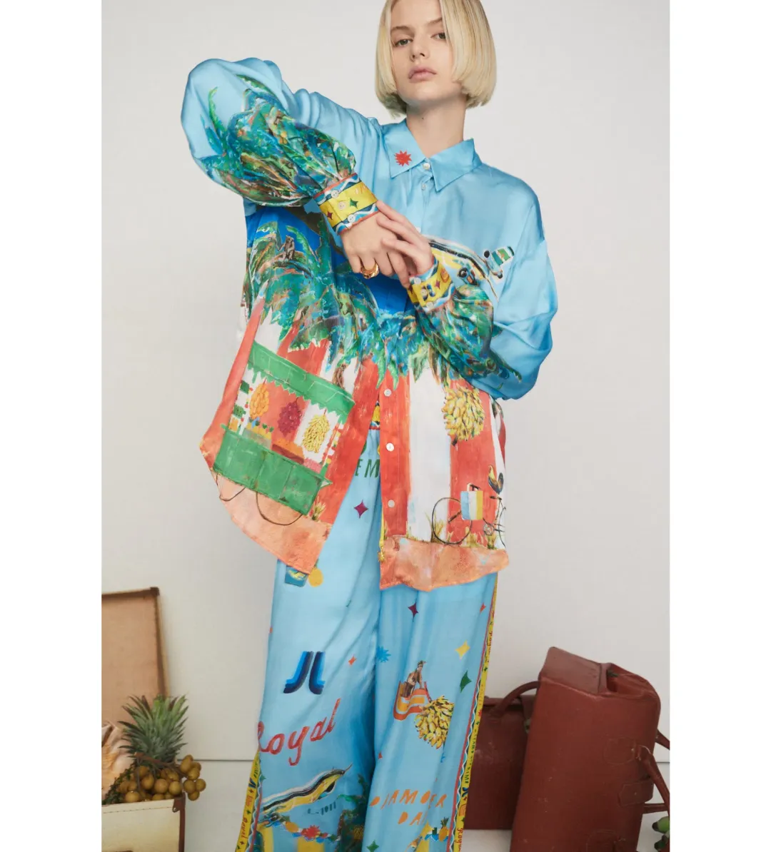 Alemais All Aboard Silk Shirt and Pant Set Print Size AU 14 for rent on The Volte - main image