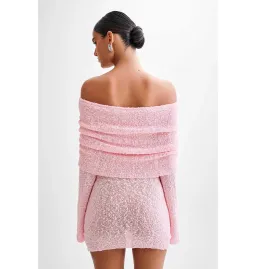 Meshki Marisol Off Shoulder Boucle Mini Dress in Baby Pink Size S / AU 8 for rent on The Volte - image 3