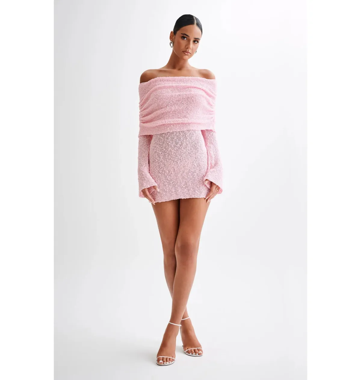 Meshki Marisol Off Shoulder Boucle Mini Dress in Baby Pink Size S / AU 8 for rent on The Volte - main image