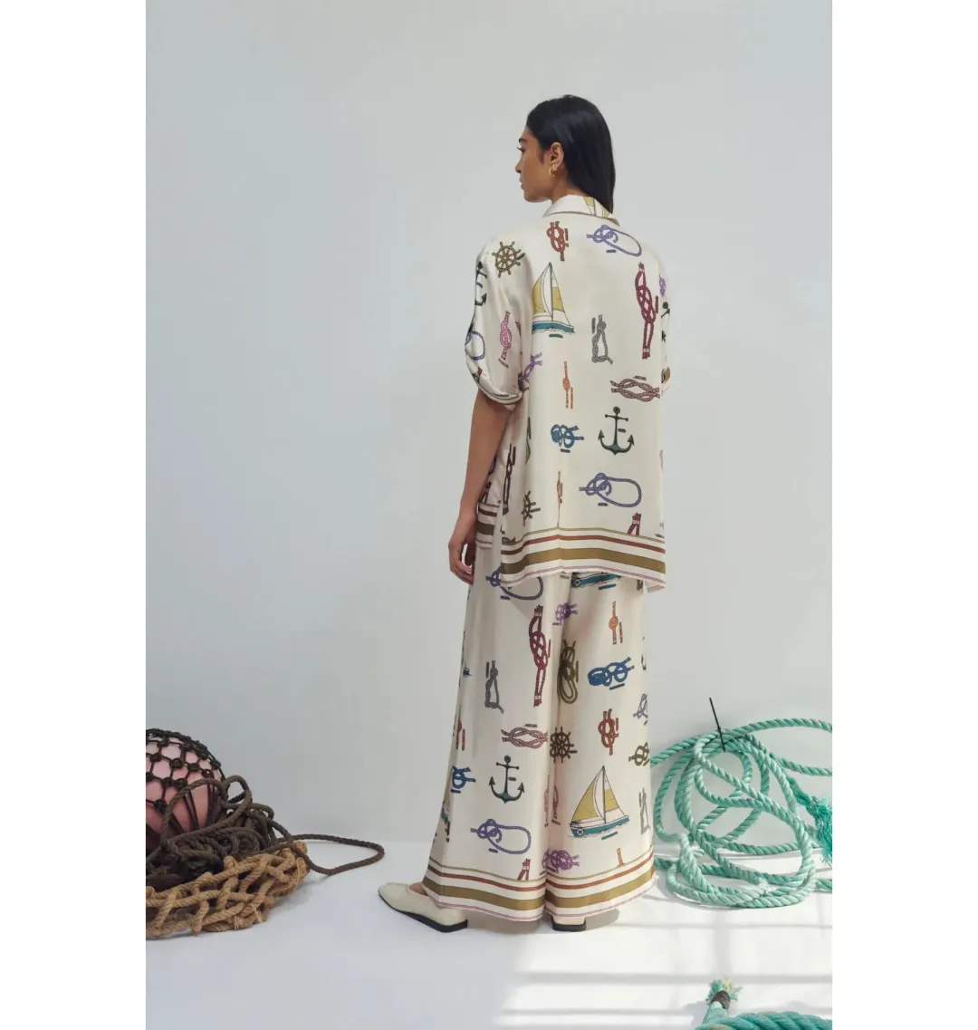 Alemais Ships Ahoy Silk Shirt Size AU 12 and Pants Size AU 14 Set Print  for rent on The Volte - main image
