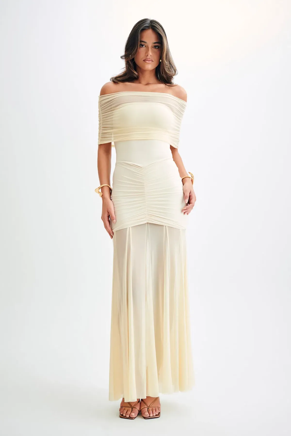Meshki Caspian Slinky And Mesh Off Shoulder Maxi Dress Ivory Size M / AU 10 for rent on The Volte - main image