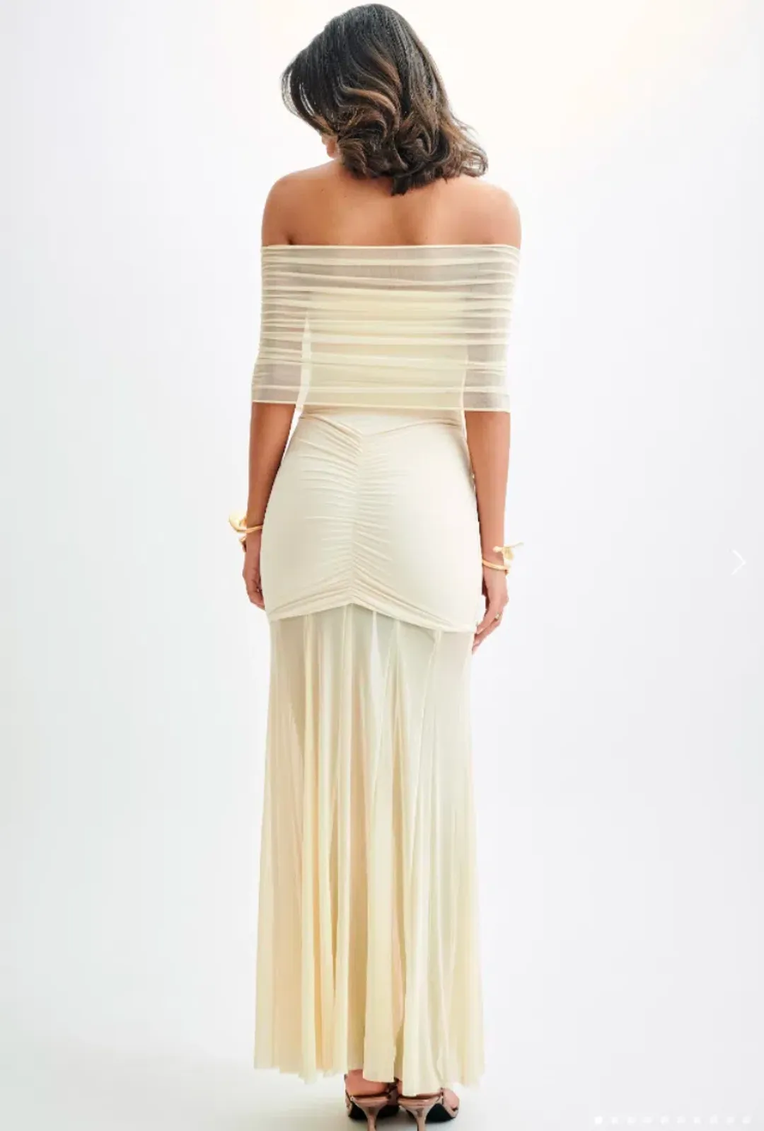 Meshki Caspian Slinky And Mesh Off Shoulder Maxi Dress Ivory Size M / AU 10 for rent on The Volte - main image