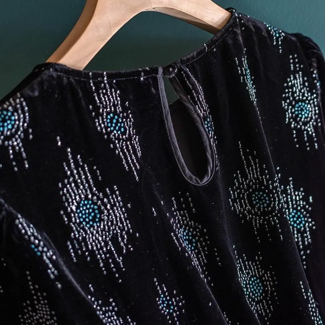 RIXO Lucile Velvet Droplet Glitter Midi Dress Black Size 6 for rent on The Volte - main image