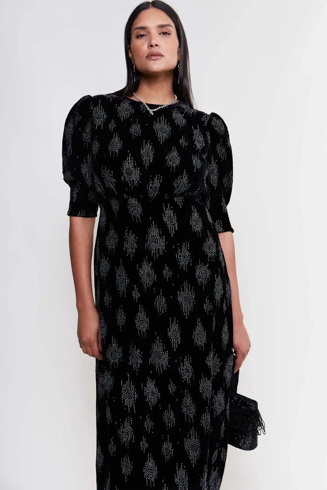 RIXO Lucile Velvet Droplet Glitter Midi Dress Black Size 6 for rent on The Volte - main image