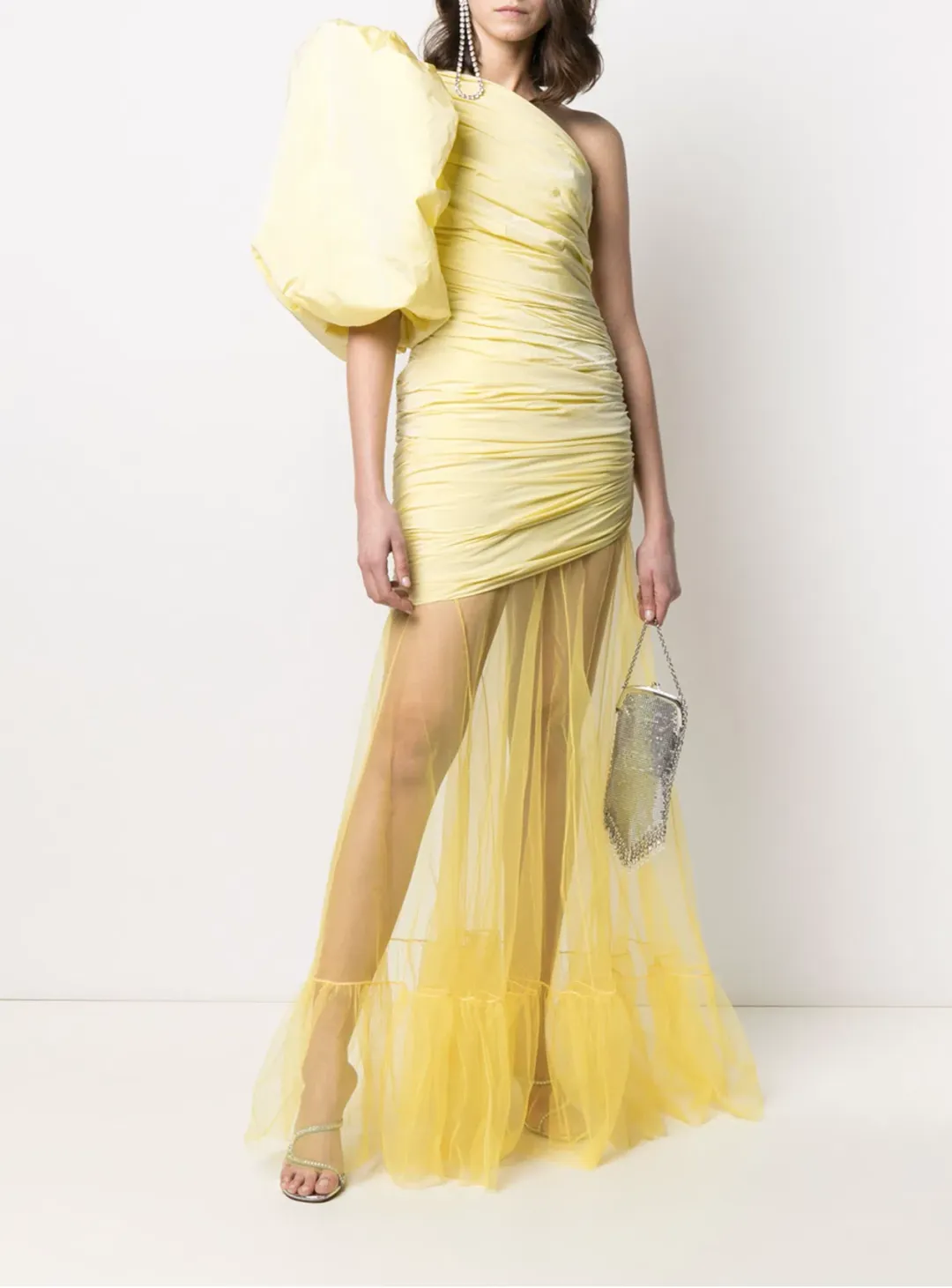 Giuseppe Di Morabito Ruched One-sleeve Tulle Gown Yellow Size 8 for rent on The Volte - main image