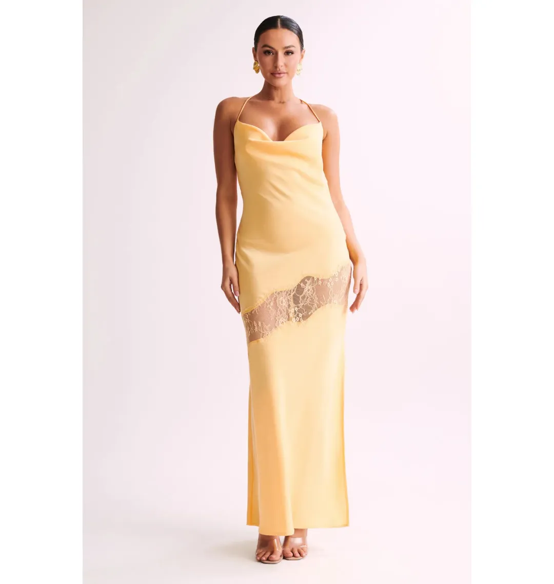 Meshki Chandra Lace Detail Satin Maxi Dress Lemon Size XS / AU 6 for rent on The Volte - main image