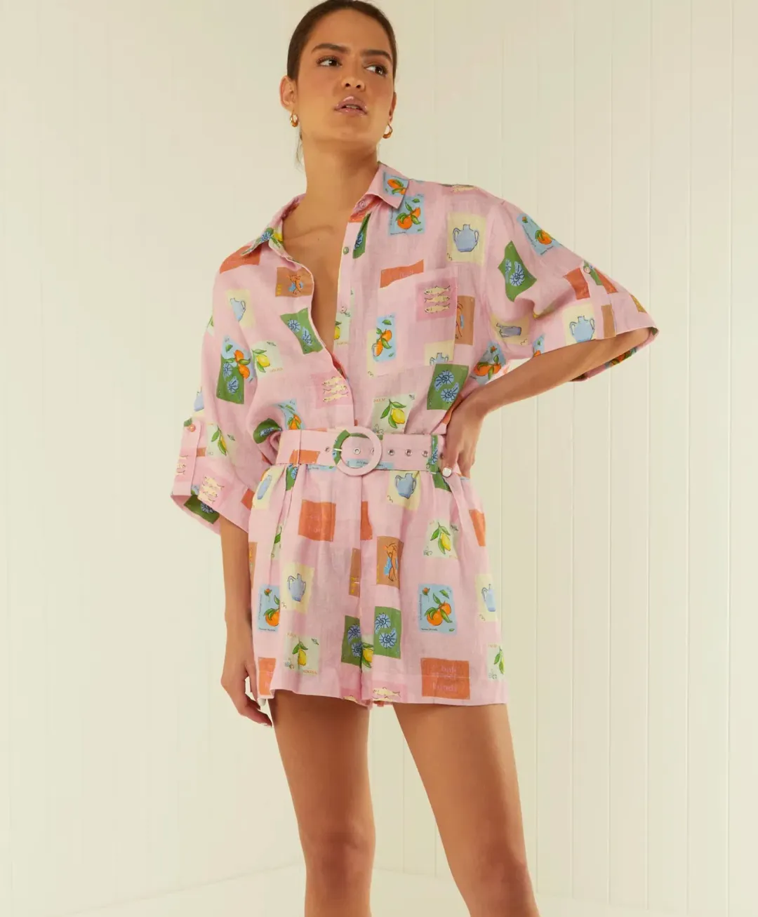 Palm Noosa Mirage Shirt & Rummy Short Set Pink Emblem Size 10 for rent on The Volte - main image