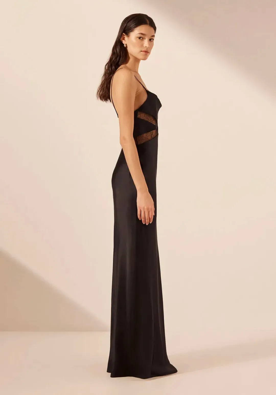Shona Joy Leticia Silk Cowl Neck Lace Maxi Dress Black Size 6  for rent on The Volte - main image