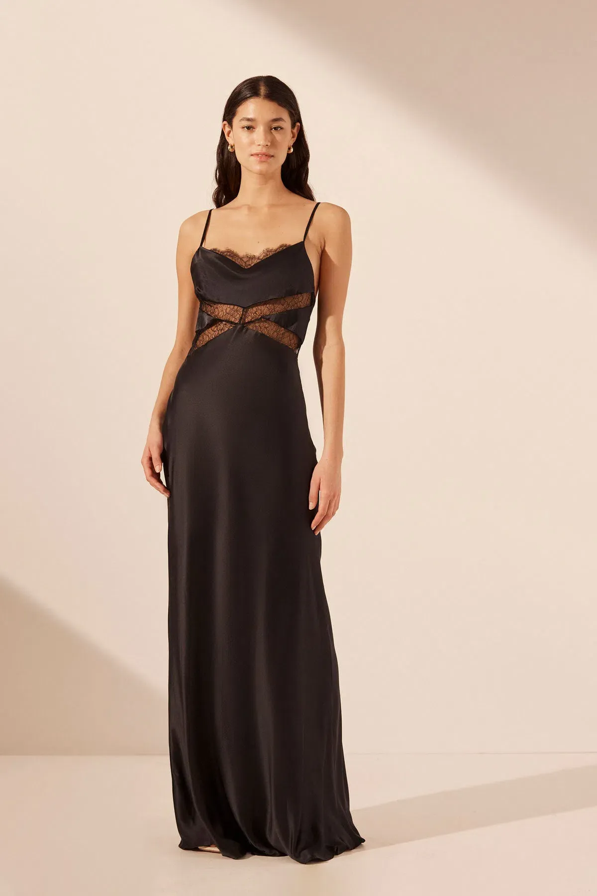 Shona Joy Leticia Silk Cowl Neck Lace Maxi Dress Black Size 6  for rent on The Volte - main image