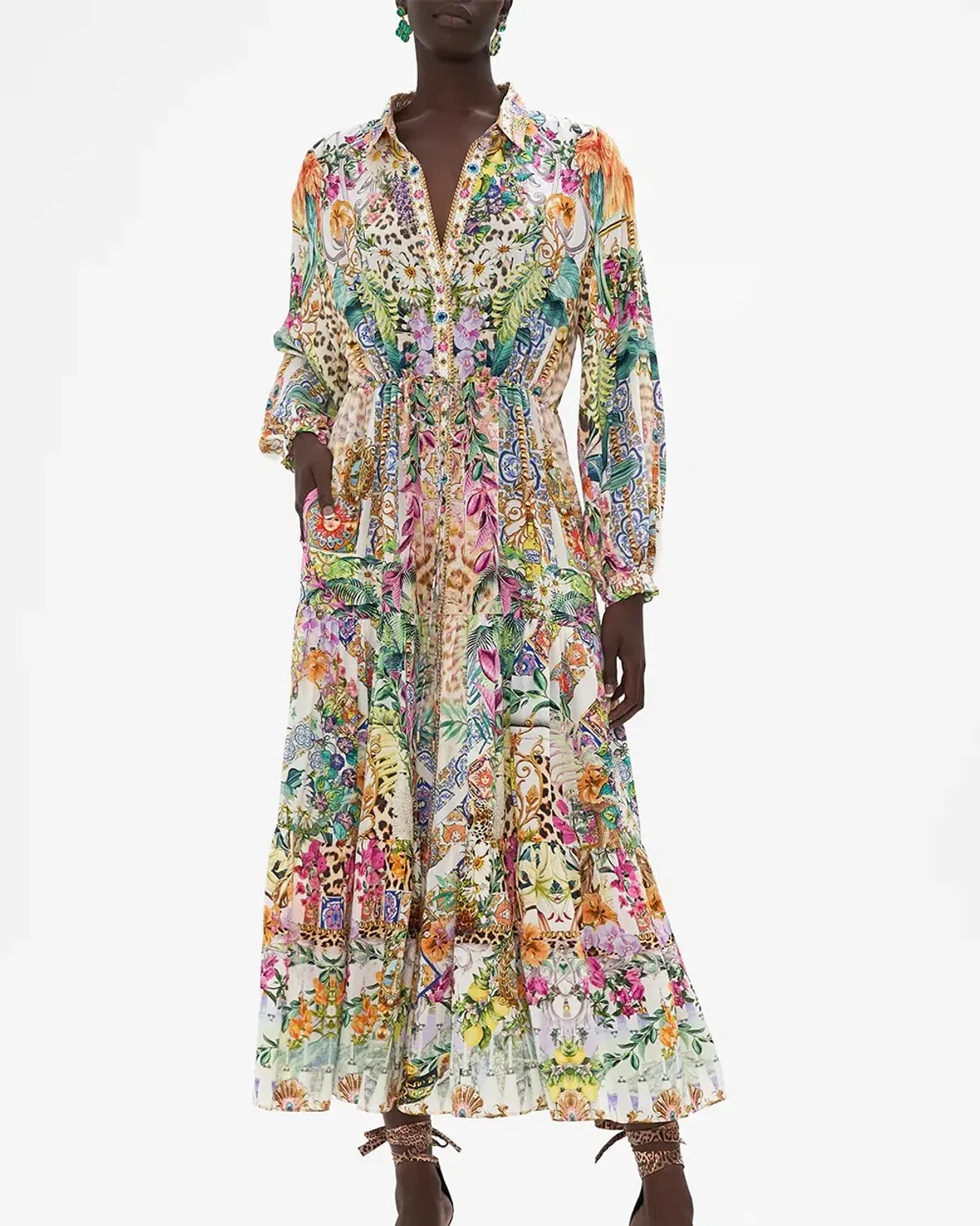 Camilla Flowers Of Neptune Tiered Long Shirt Dress Floral Size XXL / AU 18 for rent on The Volte - main image