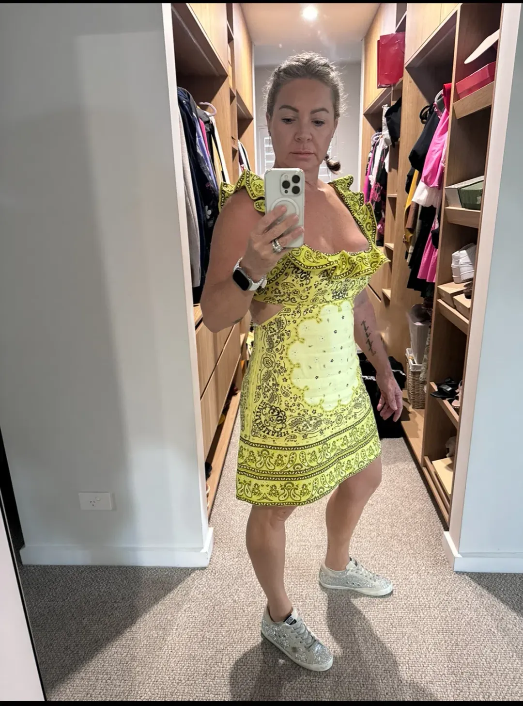 Zimmermann Matchmaker Cutout Ruffle Mini Dress Paisley Pattern Yellow Bandana Size 3 / AU 14 for rent on The Volte - main image