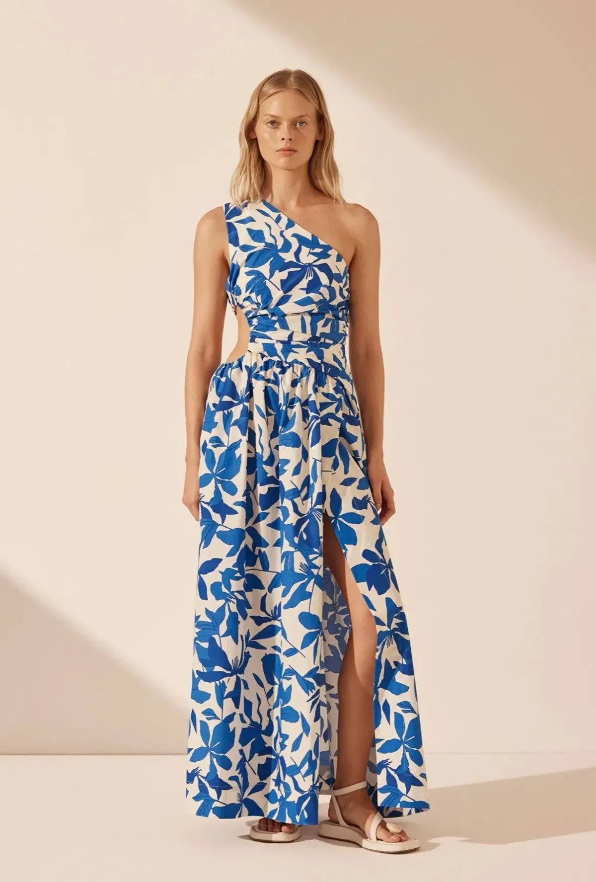 Shona Joy Bleue Asymmetrical Cut Out Maxi Dress Ivory/Aqua Print Size 12 for rent on The Volte - main image