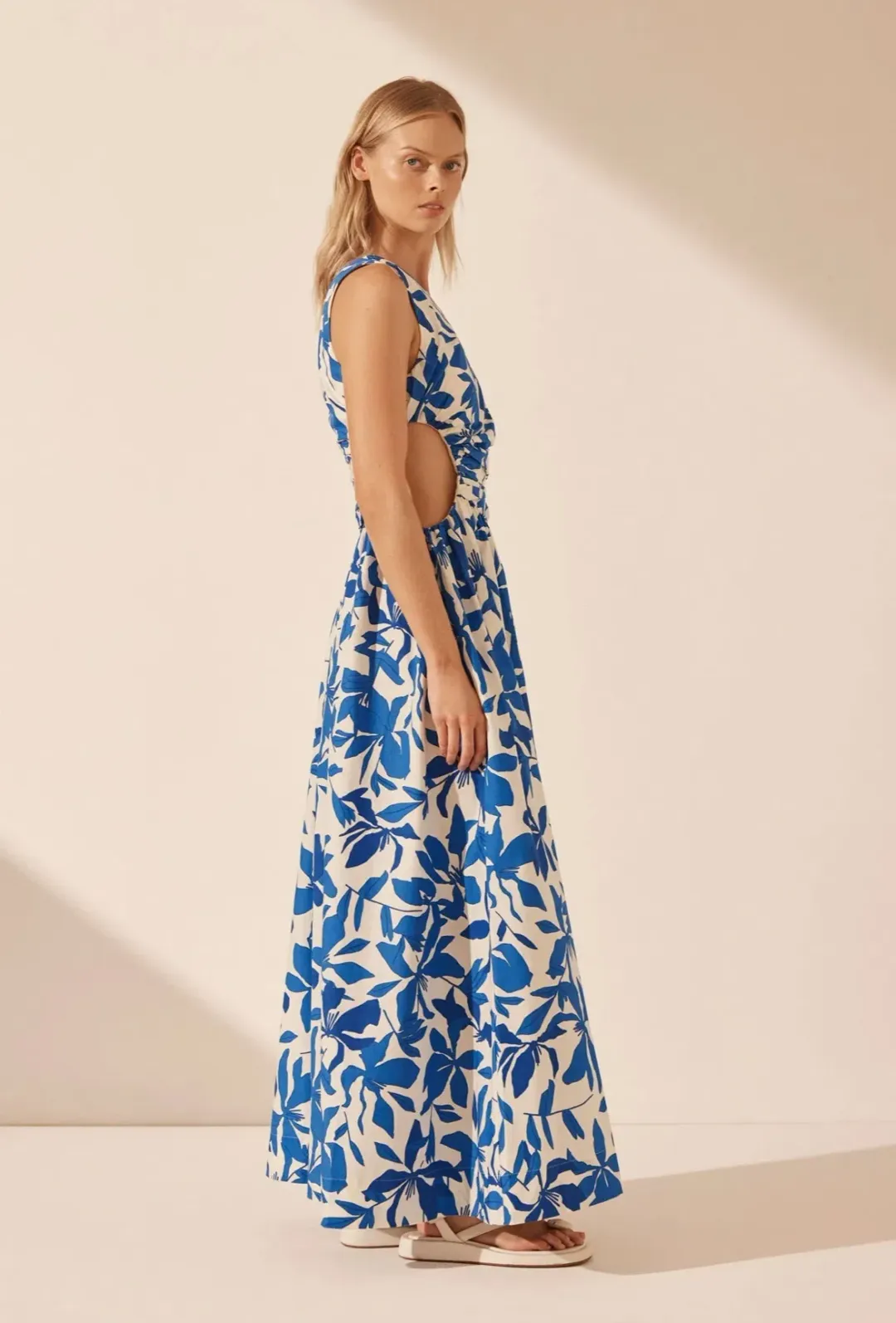 Shona Joy Bleue Asymmetrical Cut Out Maxi Dress Ivory/Aqua Print Size 12 for rent on The Volte - main image