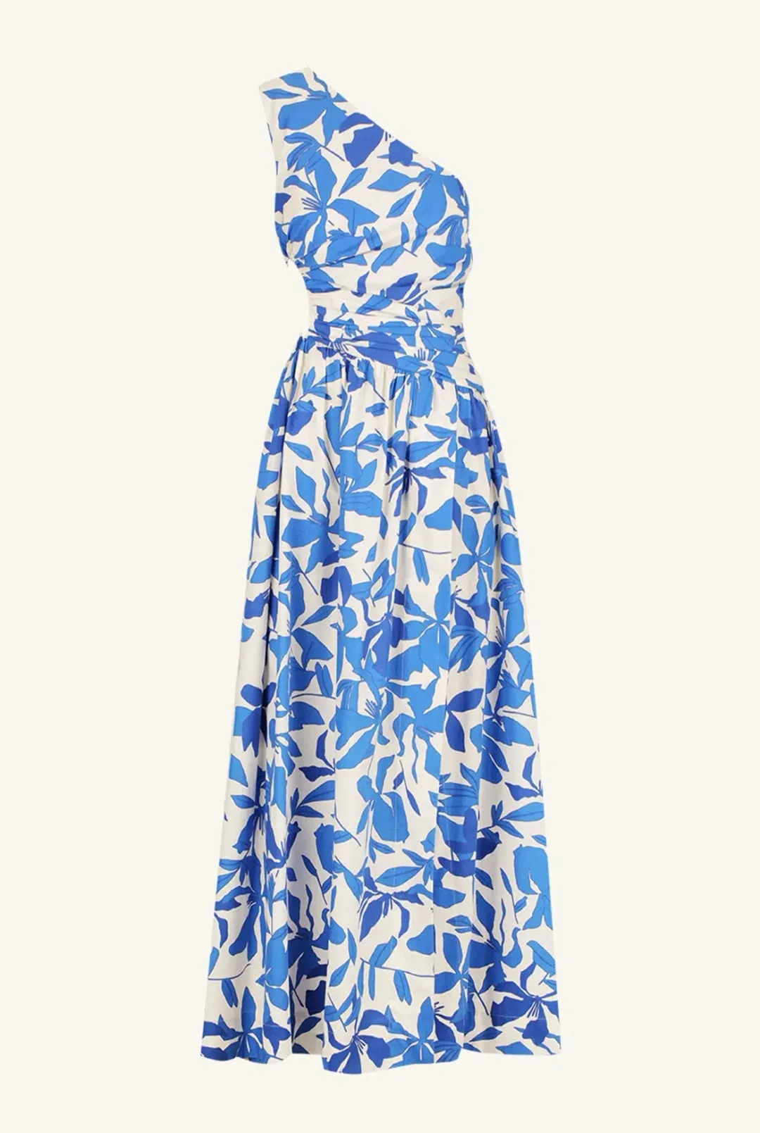Shona Joy Bleue Asymmetrical Cut Out Maxi Dress Ivory/Aqua Print Size 12 for rent on The Volte - main image