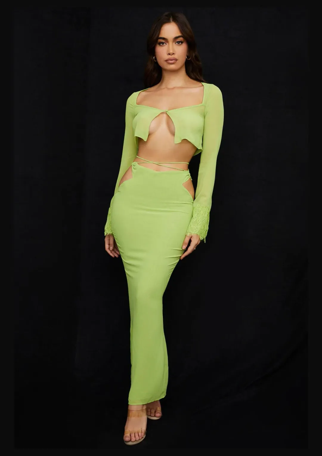 House of CB Tara Georgette Cropped Top Size M & Madeline Georgette Maxi Skirt Size L Set Lime Green for rent on The Volte - main image