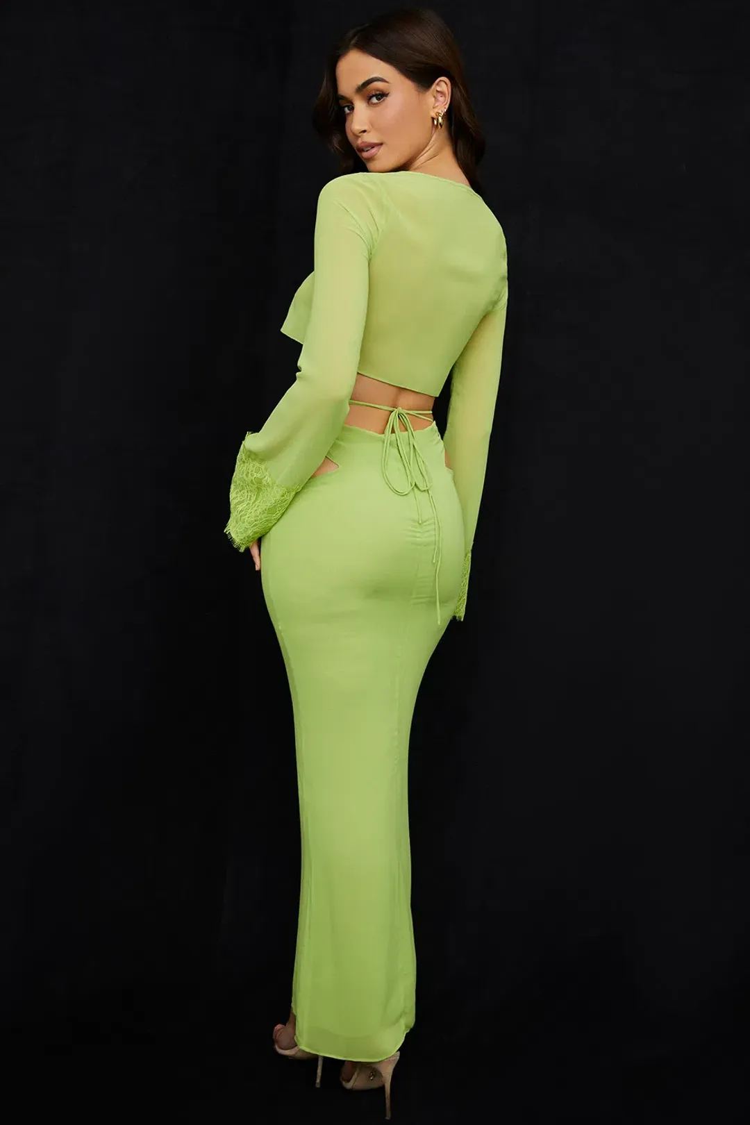 House of CB Tara Georgette Cropped Top Size M & Madeline Georgette Maxi Skirt Size L Set Lime Green for rent on The Volte - main image