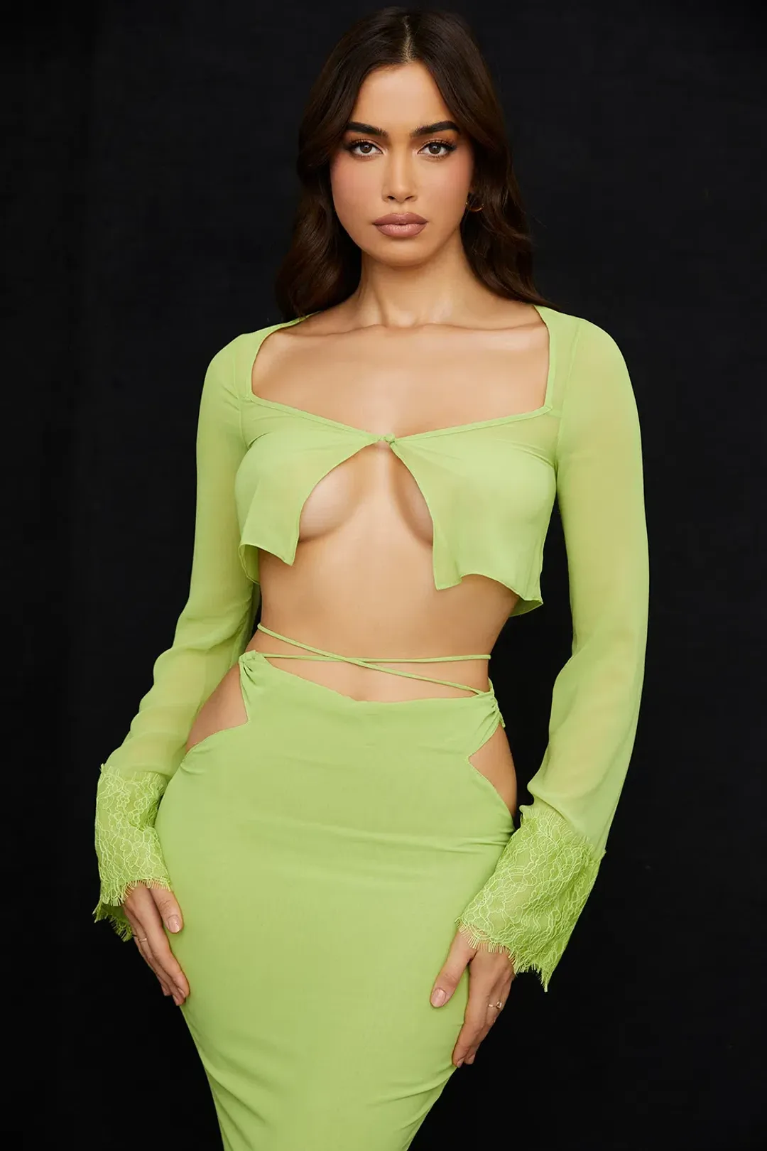 House of CB Tara Georgette Cropped Top Size M & Madeline Georgette Maxi Skirt Size L Set Lime Green for rent on The Volte - main image
