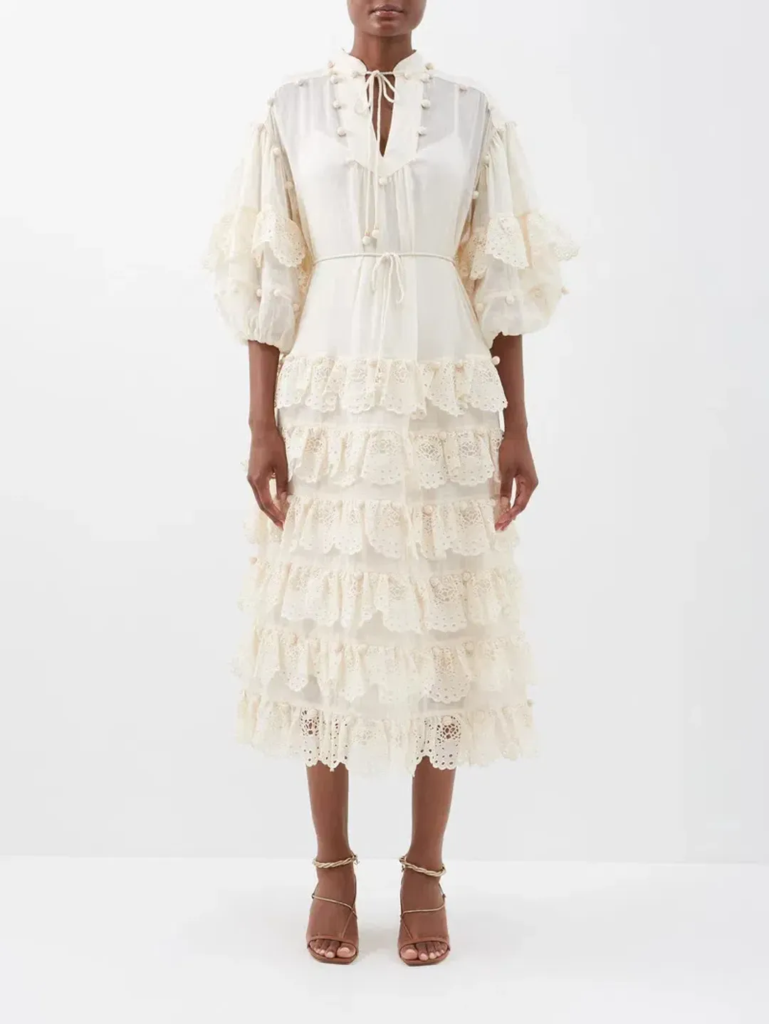 Zimmermann The Lyre Trim Tiered Midi Dress Cream Size 0 / AU 8 for rent on The Volte - main image