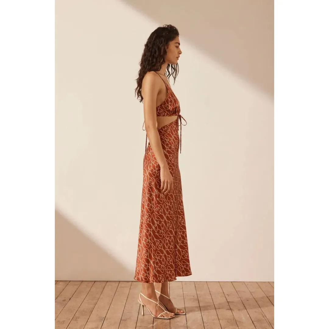 Shona Joy Artisti Silk Cut Out Tie Back Midi Dress Print Size 6  for rent on The Volte - main image