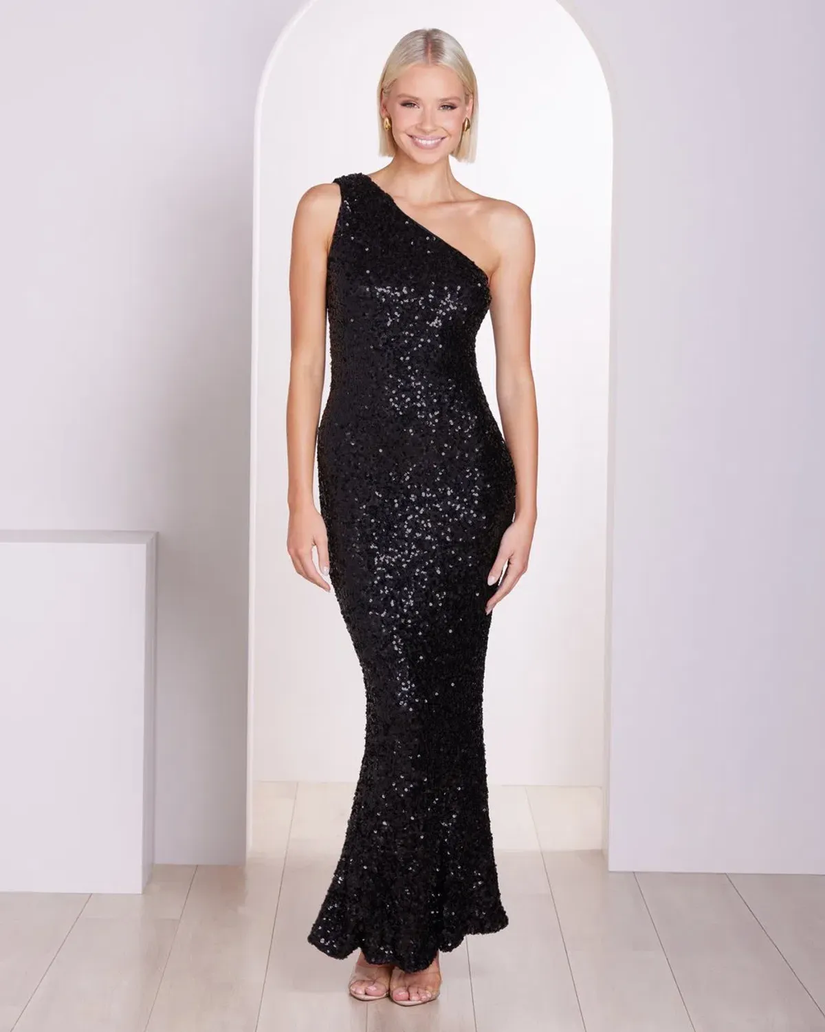 Pilgrim Adelle One Shoulder Gown Black Sequin Size 8 for rent on The Volte - main image