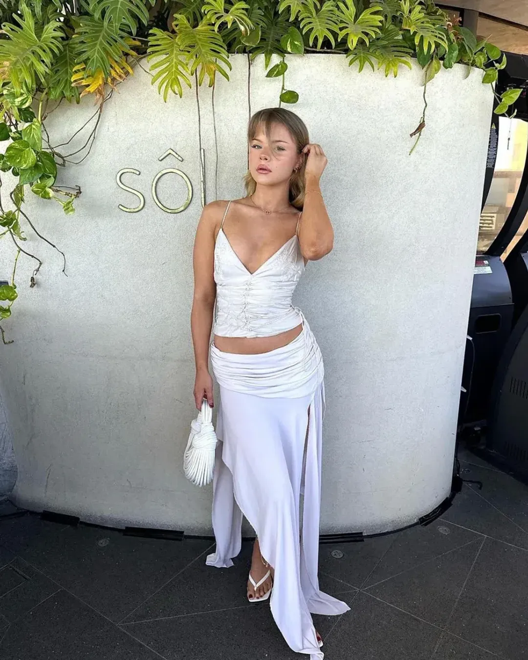 House of CB Antonella Vegan Leather Corset and Draped Midi Skirt Set Off White Size S / AU 8 for rent on The Volte - main image