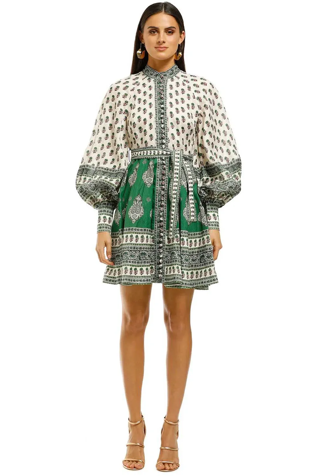 Zimmermann The Amari Emerald Buttoned Mini Dress in Green Paisley Size 6 for rent on The Volte - main image