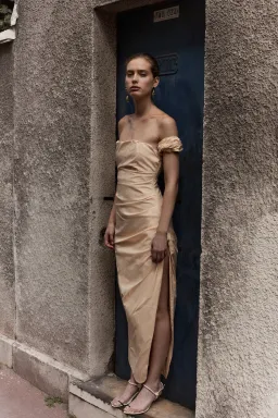 Sir the Label Carmen Draped Gown Light Peach Size 2 / AU 10 for rent on The Volte - image 1